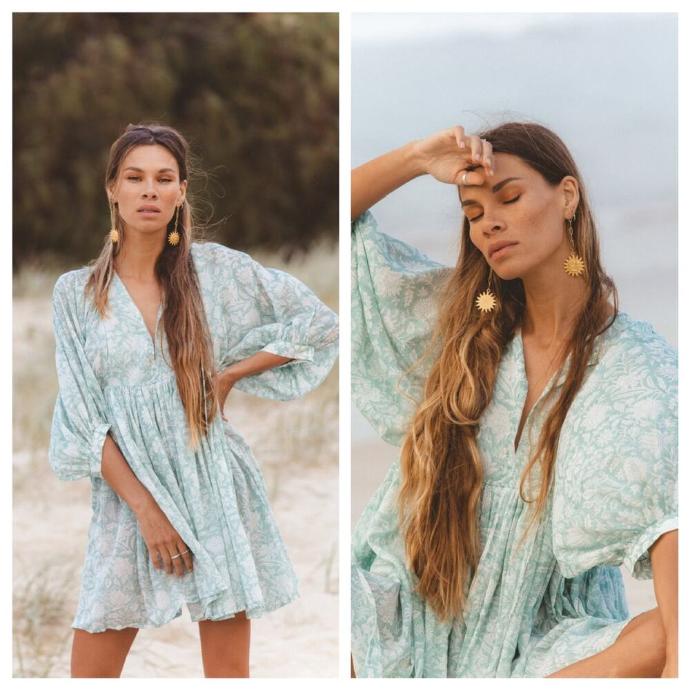 Daughters of India Kyra Dress Jade Floral Block Print Size XL